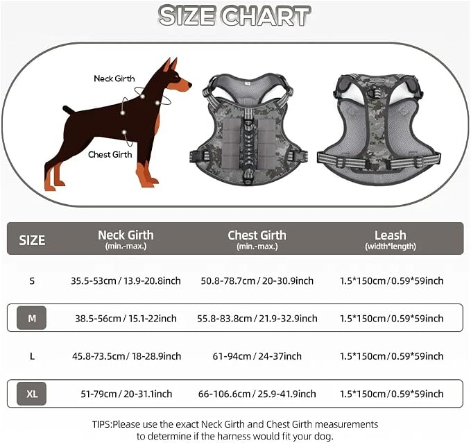 Tactical Dog Harness with Leash for Large Dogs, No Pull Adjustable Dog Harness, Reflective K9 Working Pet Vest for Walking, Training (Camouflage Grey, M)