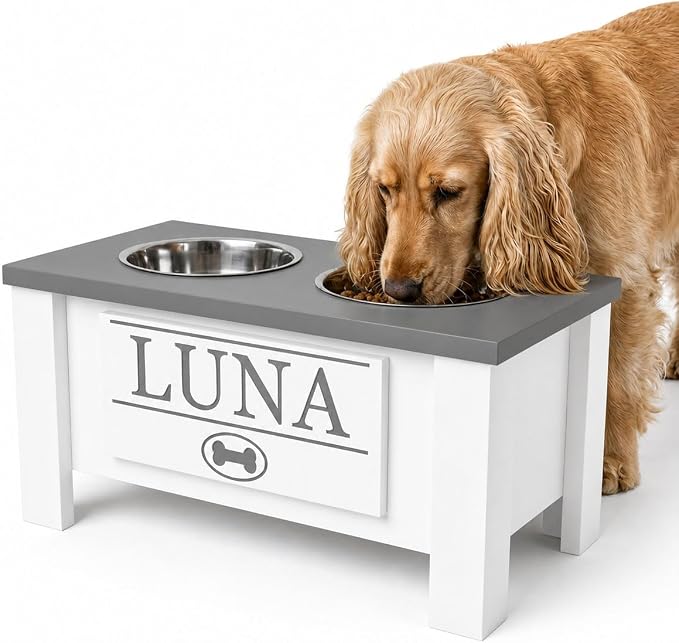 Elevated Dog Bowls, Personalized Raised Dog Bowl Stand for Medium Dogs | Farmhouse Style, Elevated Wood Stand, Storage Container, Stainless Steel Bowls, Raised Anti-Slip Feeder, Made in USA