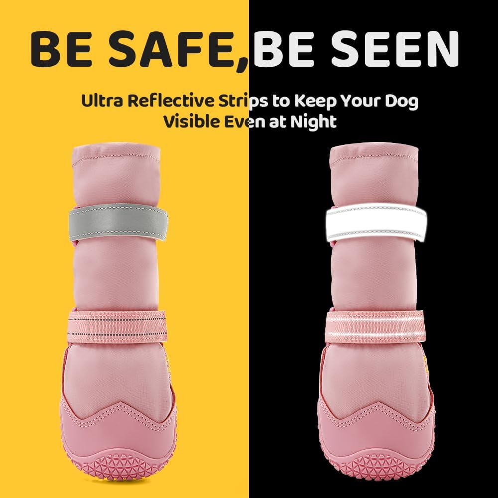 Hcpet Dog Shoes, Dog Boots & Paw Protectors for Winter Snowy Days, Rainy Weather, Outdoor Anti-Slip Sole Dog Booties for Hardwood Floor Pink-Leg 4