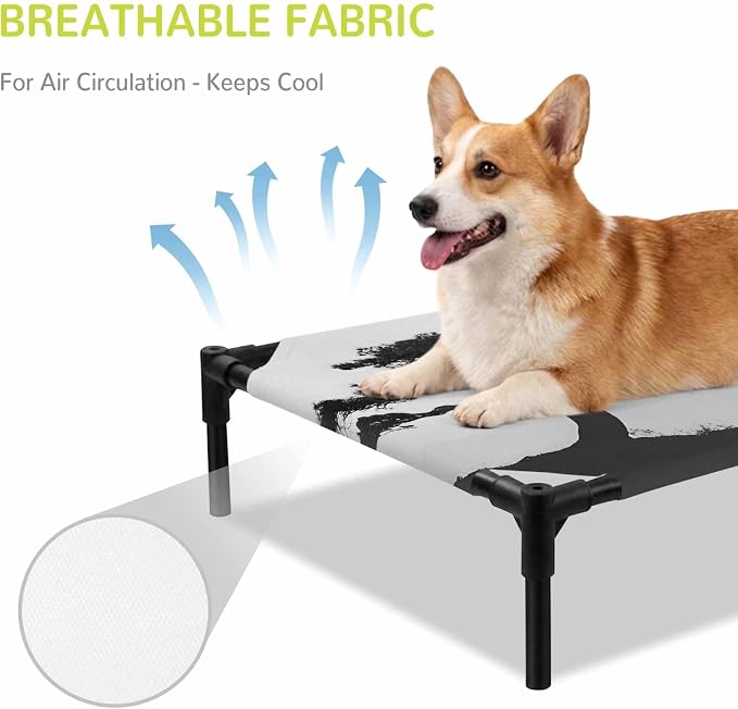 Outdoor Elevated Dog Bed for Large Dogs, Pine Trees Breathable Cooling Raised Dog Cot for Indoor/Outdoor, Modern Nature Foreset Mountains Birds Waterproof Elevated Pet Beds, L 28 x 22 in