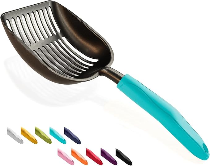 Cat Litter Scoop, Non-Stick Plated Aluminum Alloy Sifter, Kitty Durable Metal Scooper, Deep Shovel, Long Handle, Kitten Pooper Lifter, Size Large, Coated Black Body with Turkish Blue Handle