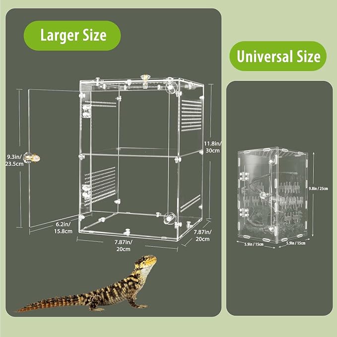 Large Jumping Spider Enclosure, 2 in 1 Ventilated Reptile Terrarium for Praying Mantis,Arboreal Tarantula,Crested Gecko, 12"*8"*8" Acrylic Habitat with Removable Divider,Front Opening & Top Lid