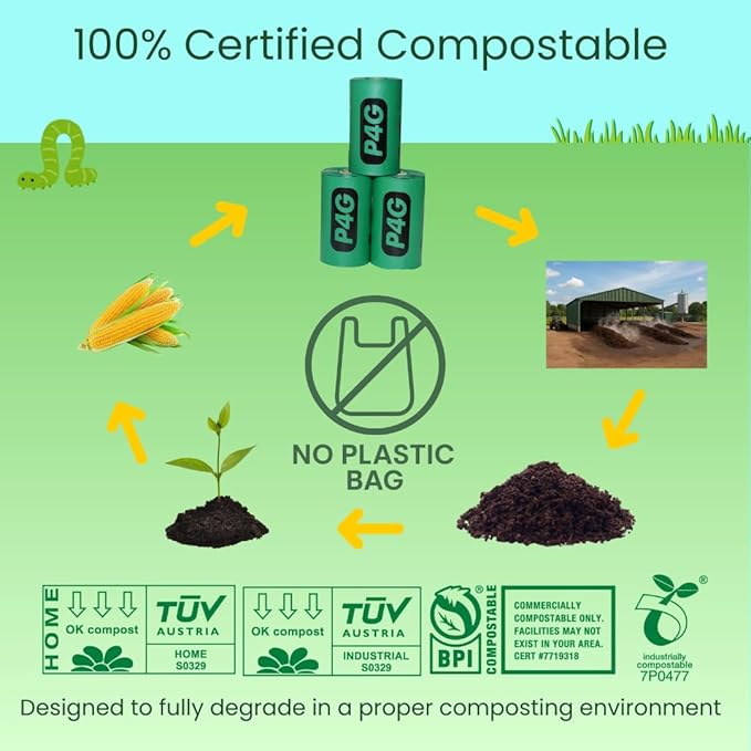 Paws4Green 100% Certified Home Compostable Poop Bags (90Count 6 Rolls), Plant Based, Extra Thick (20 Micron) Leak Proof, Unscented Standard Size 9 X 13'', ASTM D6400 & EN 13432 Compliant