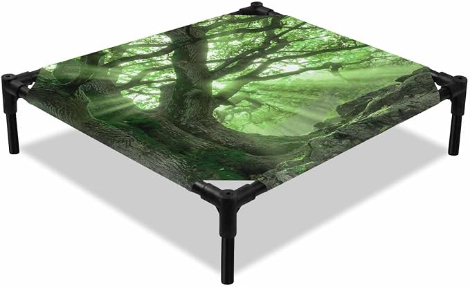 Outdoor Elevated Dog Bed for Small Dogs, Green Trees Breathable Cooling Raised Dog Cot for Indoor/Outdoor, Sunlight Forest Branches Nature Scenery Waterproof Elevated Pet Beds, S 20 x 20 in