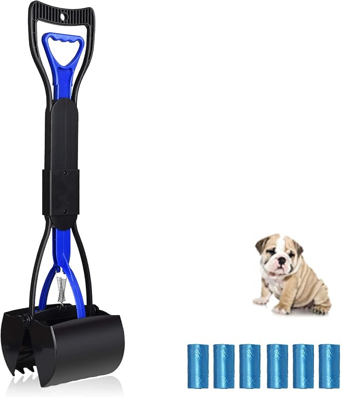 UPSTONE Folding Pets Pooper Scooper Set for Dogs with Poop Bags Waste Pick up Best Long Handle Scoop Easy to use Portable and Heavy Duty with Jaw Claw Bin (23.5 inches) Blue.