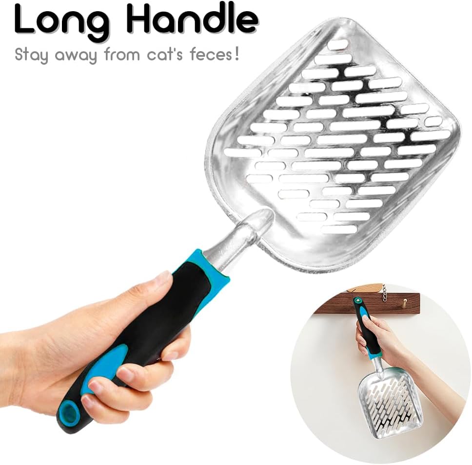 Cat Litter Scoop-Metal Cat Scooper-Long Handle Scoop,Cat Scooper-Poop Sifting-Mesh Shovel-Suitable for Cat Litter Box(Blue)