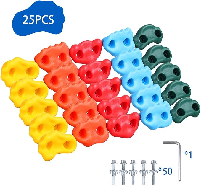 25 Rock Climbing Holds for Kids Climber With Hardware, Wall Holds and Grips for Indoor and Outdoor Playground Play Set