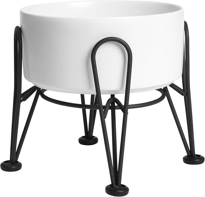 Elevated Dog Bowl, Ceramic Raised Dog Bowl with Anti-Slip and Non-Tip Metal Stand, 1 Pack Pet Food and Water Feeding Bowls for Small and Medium Dogs (White,3.6 Cups)