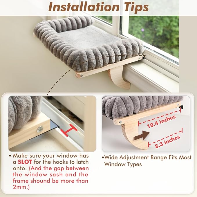 Cloud-Soft Cat Window Sill Perch with Zipper Designed Cushioned Bed, Supportive Cat Window Seat with Premium Solid Wood & Sturdy Metal Frame, Pet Hammock Bed for Large Cats (Large, Gray)