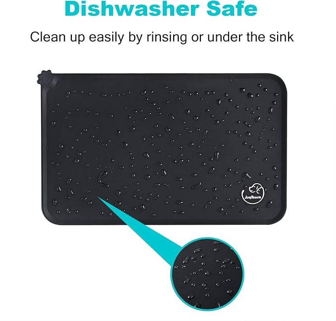 Silicone Waterproof Dog Cat Pet Feeding Mats, Non Slip, Easy Clean Pet Dog Cat Bowl Mats Placemat (18.5" x 11.5") Black