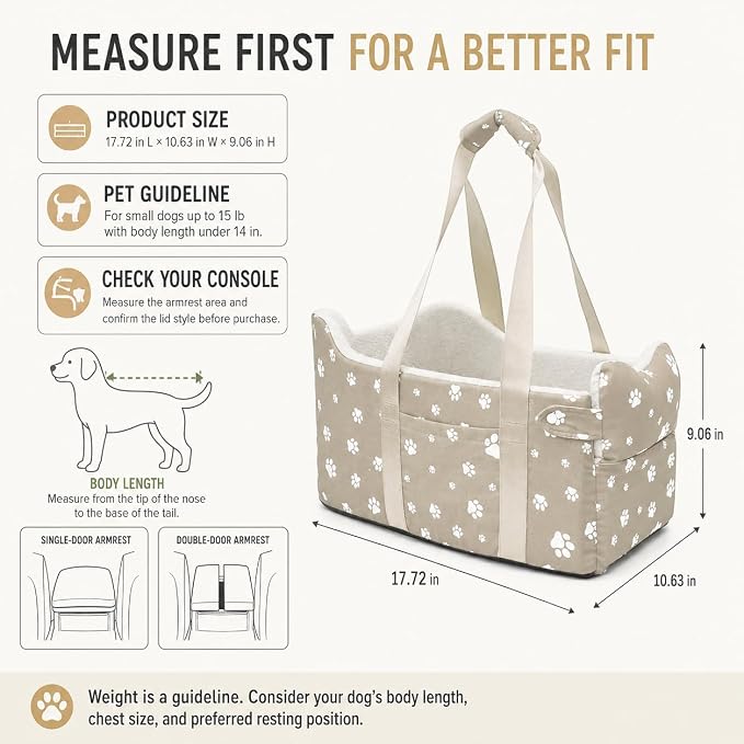 Dog Car Seat for Small Dogs (Under 15 lbs) – Center Console Pet Carrier with Safety Belt, Storage Pockets & Removable Washable Cover (Khaki Car Seat)