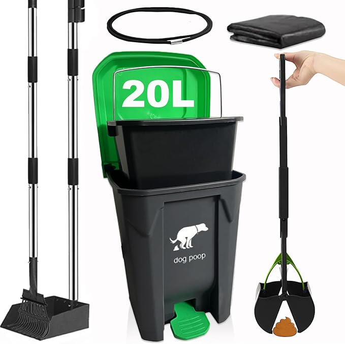 6Pack - Large Dog Pooper Scooper for yard - 20L Dog Poop Trash Can Outside | Step Pet Waste Container Outdoor with Removable Inner Bin - 28" Pooper Scooper & Long Handle