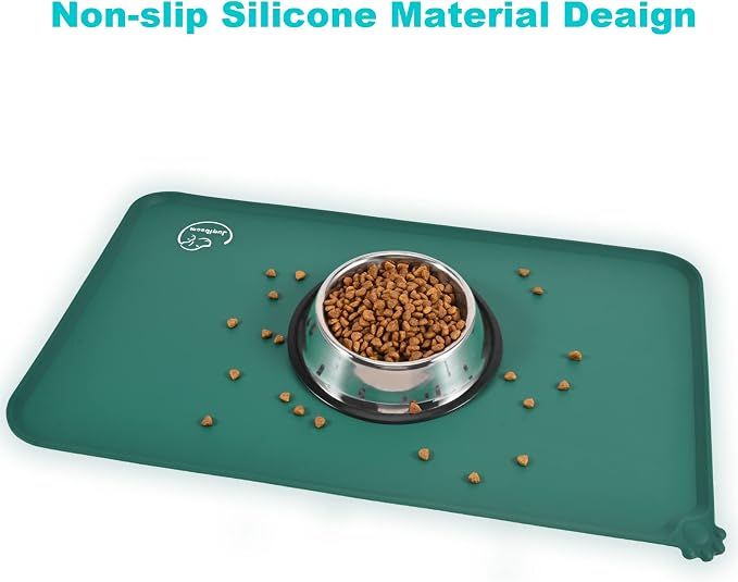 Silicone Waterproof Dog Cat Pet Feeding Mats, Non Slip, Easy Clean Pet Dog Cat Bowl Mats Placemat (24" x 16") Hunter Green