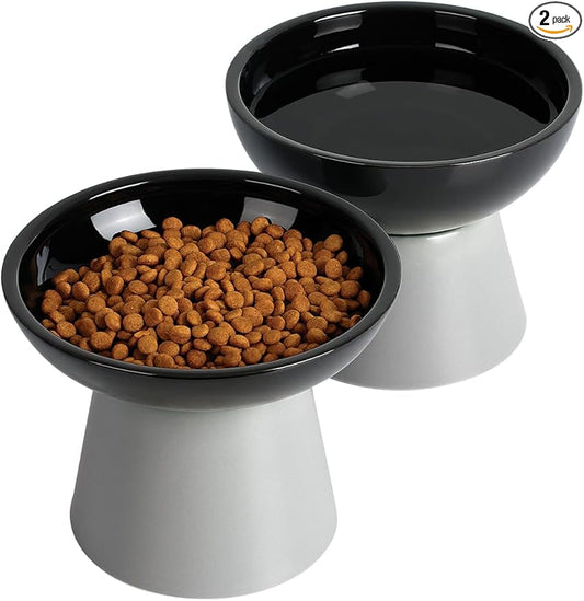LoeJan Elevated Cat Food and Water Bowls Set, Extra Wide and Raised Ceramic Feeder, Anti-Vomit Whisker-Free Pressure Feeding Bowl for Kittens Adult Small Dogs(Black, 2 Pack)