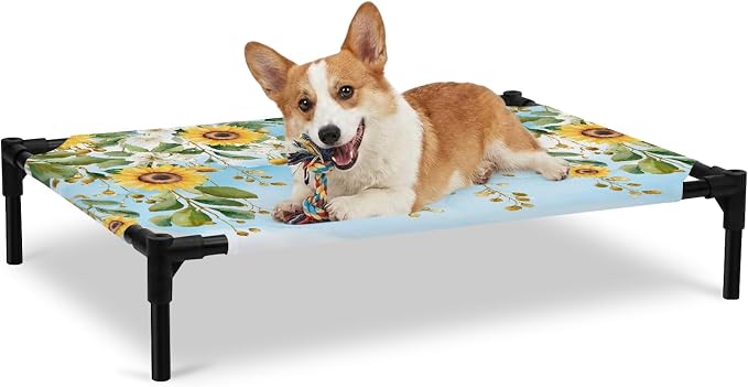 Outdoor Elevated Dog Bed for Large Dogs, Coastal Sunflower Vine Breathable Cooling Raised Dog Cot for Indoor/Outdoor, Summer Flower Blue Sky Garden Waterproof Elevated Pet Beds, L 28 x 22 in