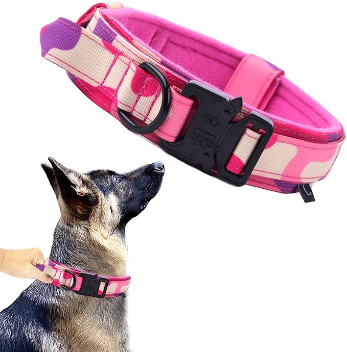 Tactical Dog Collar for Large Dogs with Control Handle,Pink Camo,XXL | 1000D Heavy-Duty Nylon Fabric,Quick-Release Metal Buckle,Adjustable Fit,Soft-Padded Webbing,D-Ring,for Training & Hiking