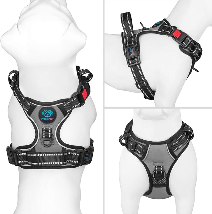 No Pull Dog Harness Medium Reflective Front Clip Vest with Handle | Adjustable 2 Metal Rings 3 Buckles,[Easy to Put on & Take Off](XS, Grey)