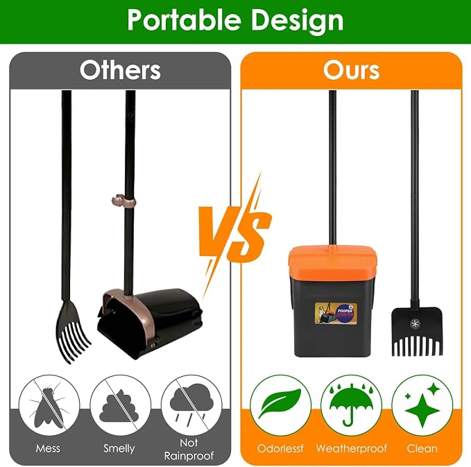 PUPIX Pooper Scooper Kit with Extra Long Handle Dog Poop Rake and Swiveling Bin Heavy Duty Pet Waste Pick Up Tool Includes 35 Waste Bags Dispenser No Bending Easy Yard Cleanup