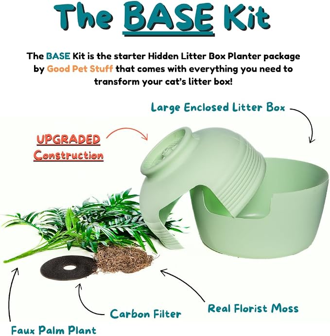 Good Pet Stuff Original Hidden Litter Box Planter, Decorative Cat Litter Enclosure with Carbon Filter, Artificial Palm Plant, Upgraded Design, Easy to Clean, Base Kit, Seagrass Green