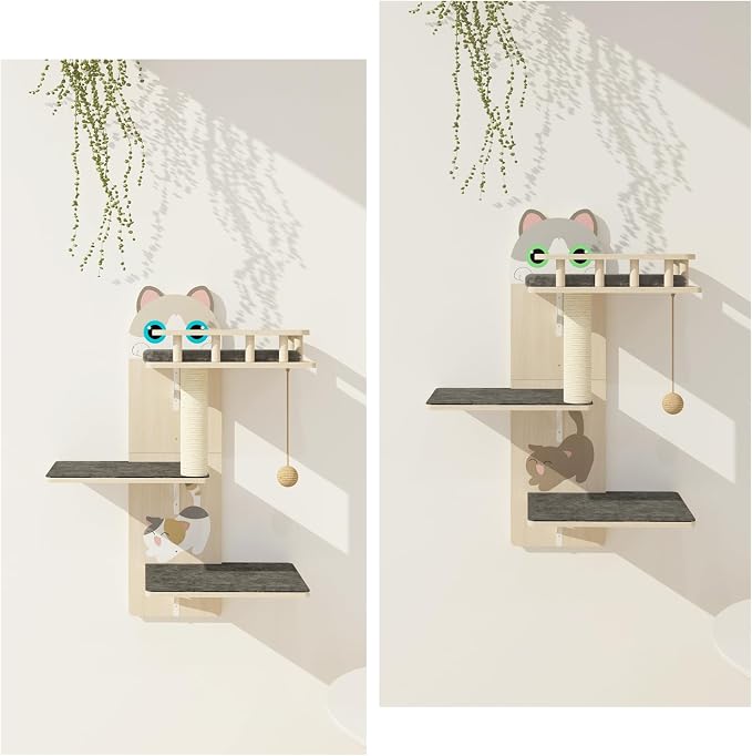 Cat Wall Shelves, 3 Platform Kitten Wall Furniture, DIY for Painting Cats Scratching Post with Sisal Scratching Post and Ball Toy