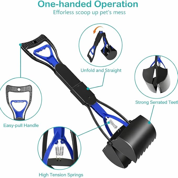 28 Inch Heavy Duty Foldable Pooper Scooper for Large, Medium & Small Dogs, Durable Springs, Interlocking Serrated Jaws, One-Hand Operation, Premium Outdoor Waste Pick-Up Tool