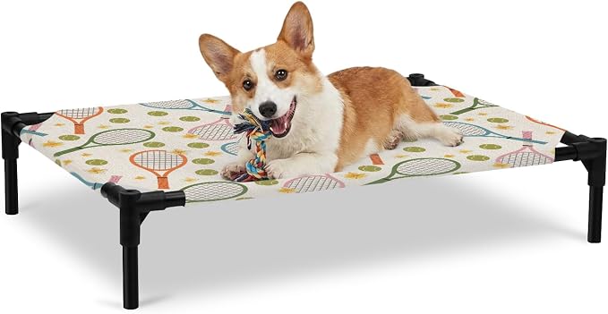 Outdoor Elevated Dog Bed for Large Dogs, Tennis Rackets Breathable Cooling Raised Dog Cot for Indoor/Outdoor, Farmhouse Flowers Ball Sports Theme Waterproof Elevated Pet Beds, L 28 x 22 in