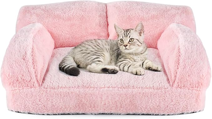 Pink Cat Couch Bed, Washable Plush Sofa for Cats and Small Dogs Pink(18.9 x 14.6 x 9.1 in)