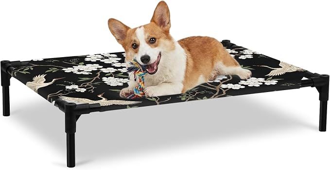 Outdoor Elevated Dog Bed for Large Dogs, Spring Floral Breathable Cooling Raised Dog Cot for Indoor/Outdoor, Branches Birds Flowers Modern Art Waterproof Elevated Pet Beds, L 28 x 22 in