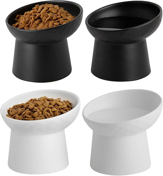 Elevated Cat Bowls, 15° Tilted Ceramic Raised Cat Food and Water Bowl Set, Whisker-Friendly Porcelain Pet Feeder Dishes for Indoor Cats and Small Dogs,Black & White Mixed,5.2 Inch,4 Pack