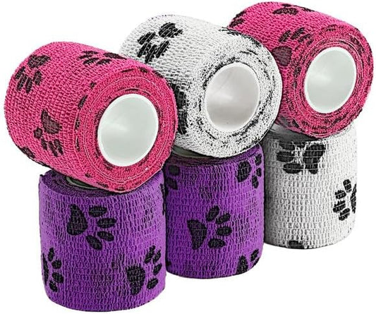 WePet Pet Wrap, Self-Adhesive, Only Sticks to Itself, Non-Woven Tape for Dog Legs, Paws, Wounds, First Aid Cohesive Gauze for Horse, Cat, Bird, Animal, 6 Rolls, 2 Inch, Pawprints B