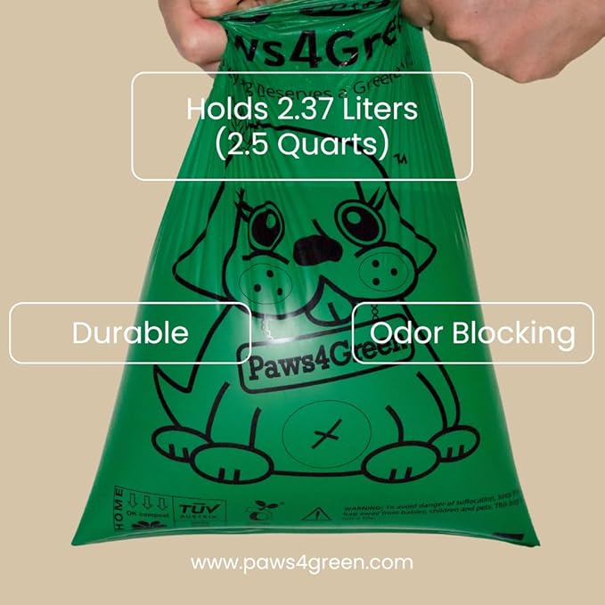 Paws4Green 100% Certified Home Compostable Poop Bags (270 Count 18 Rolls), Plant Based, Extra Thick (20 Micron) Leak Proof, Unscented Standard Size 9 X 13'', ASTM D6400 & EN 13432 Compliant