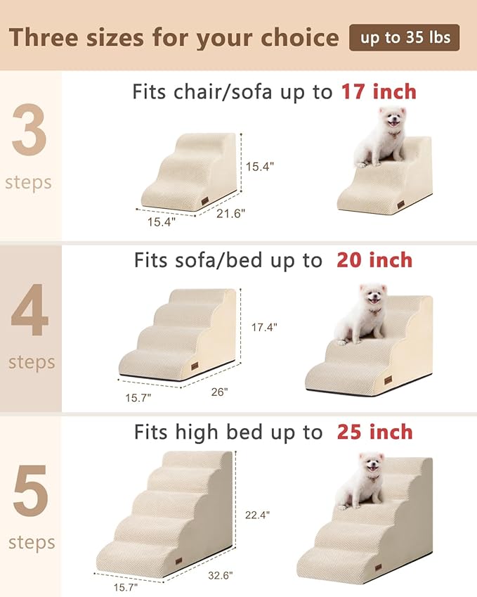 Dog Stairs Ramp for Bed and Couch,4 Step Dog Steps for Small Dogs,Pet Stairs with Non-Slip Bottom for Old Cats,Indoor Pet Steps,Comfort,Durable,17.4" H,Beige