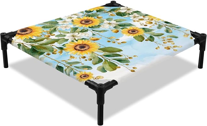 Outdoor Elevated Dog Bed for Small Dogs, Coastal Sunflower Vine Breathable Cooling Raised Dog Cot for Indoor/Outdoor, Summer Flower Blue Sky Garden Waterproof Elevated Pet Beds, S 20 x 20 in