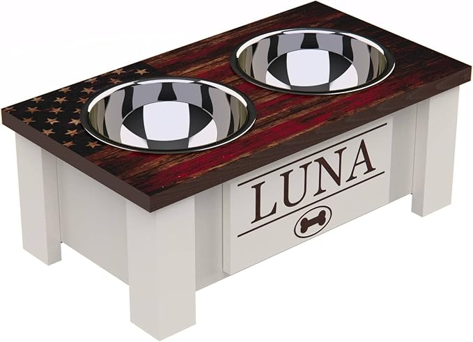 Elevated Dog Bowls for Small Dogs, Personalized Food Stand for Small Breed | Farmhouse Style, Elevated Wood Stand, Storage Container, Stainless Steel Bowls, Raised Anti-Slip Feeder, Made in USA