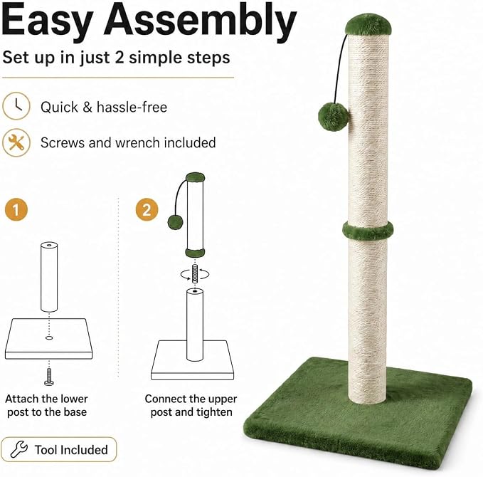 Dimaka Tall Cat Scratching Post, Claw Scratcher with Sisal Rope and Covered with Soft Smooth Plush, Vertical Scratch [Full Strectch] for Standard Size Cats (Green, 29 inches for All Cats)
