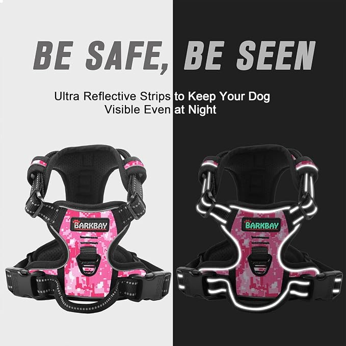BARKBAY Dog Harness No Pull for Medium Sized Dog Front Back Clips,Dog Vest | Soft Padded No Choke With Handle,Easy On&Off,Adjustable Reflective For Walking Training Running(Pink Camo,M)