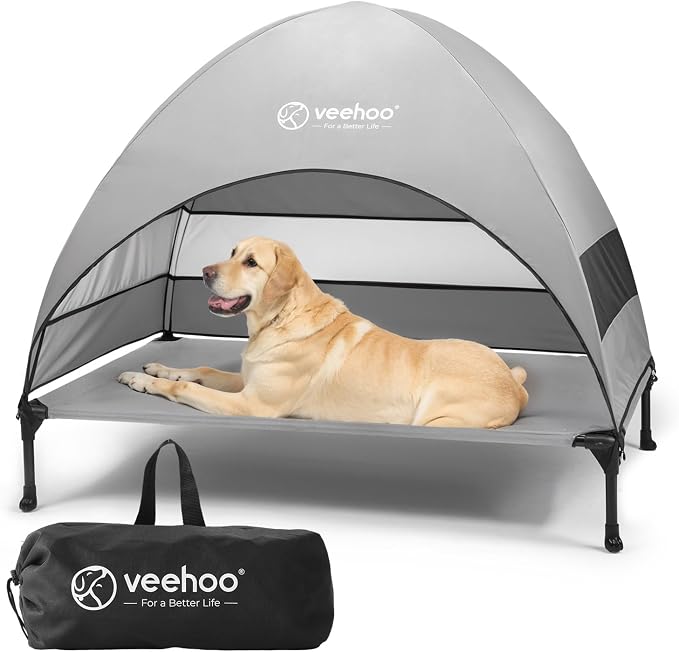 Veehoo Outdoor Dog Bed with Canopy, Cooling Elevated Dog Shade for Outside | Portable Raised Dog Cot with Removable Shade, Sun Protection Dog Tent Outdoor for Camping, Beach, 42" x 33.5", Grey