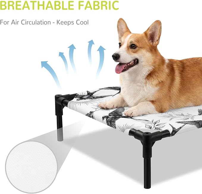 Outdoor Elevated Dog Bed for Medium Dogs, Birds Leaves Breathable Cooling Raised Dog Cot for Indoor/Outdoor, Spring Farmhouse Botanical Animals Vines Waterproof Elevated Pet Beds, M 24 x 20 in