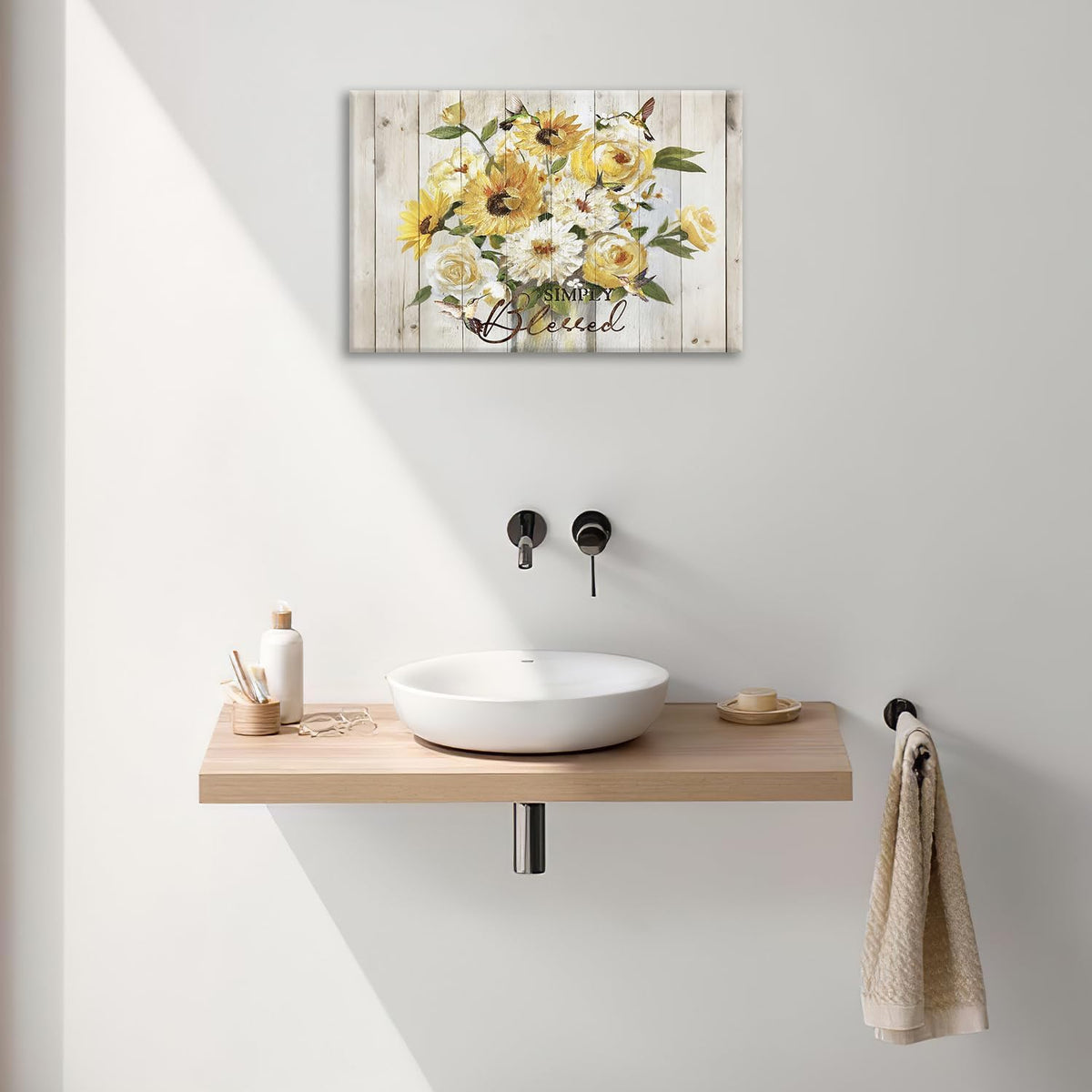 Sunflower Bathroom Pictures Wall Art, Simple Blessed Floral Bathroom Wall Decor, Flower Framed Painting Canvas Artwork for Bedroom Living Room Decorations 24"L x 16"W