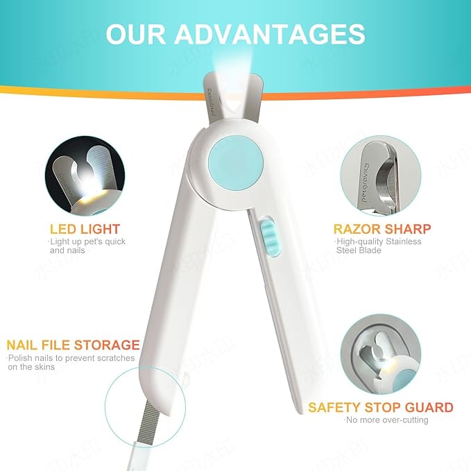 Dog/Cat Nail Clippers with Light - Safe Trimming for Cats & Dogs, Illuminates Quick to Prevent Overcutting, Includes Nail File for Thick Nails