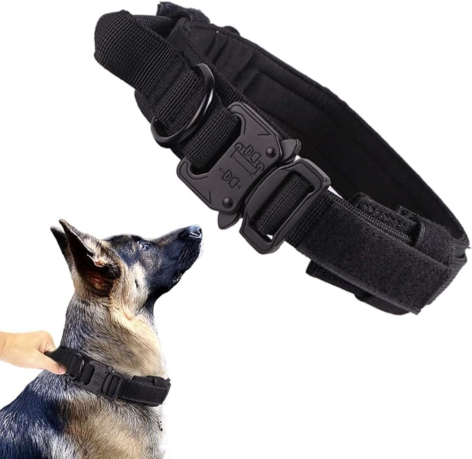 Tactical Dog Collar for Large Dogs with Control Handle,Black,S | Adjustable Fit,Heavy-Duty Quick-Release Metal Buckle,1000D Nylon Fabric,Soft-Padded Webbing,D-Ring,for Training & Hiking