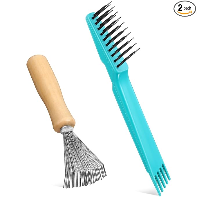 Boao 2 Pack Hair Brush Cleaning Tool,2-in-1 Comb Rake and Brush Cleaner for Removing Hair,Dust and Buildup,Mini Hairbrush Accessory for Home&salon(Green, Wood Color,Polished Wooden Handle Rake)