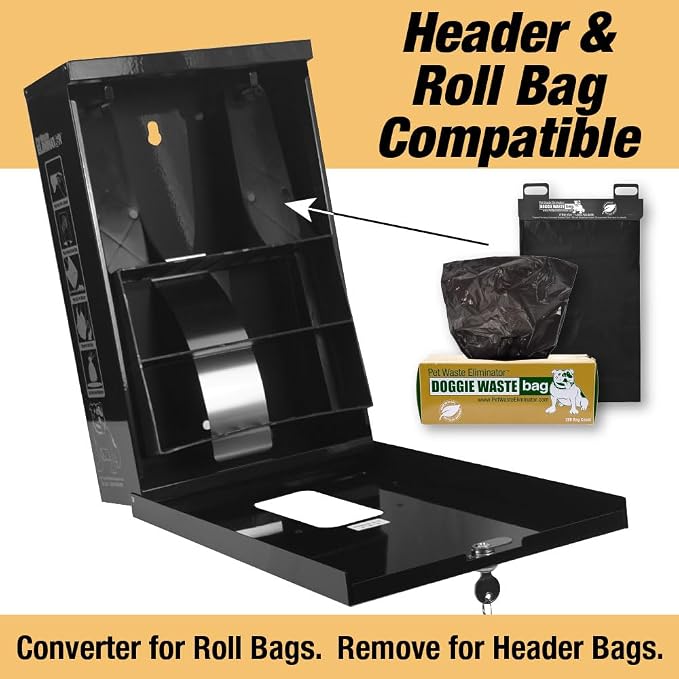 Dog Waste Station Dispenser Box, Fits Any Dog Poop Bag, Made of Rust-Proof Aluminum, Pet Waste Bag Dispenser with Lock and Rainguard, For Commercial Use, Parks, Condos & HOA (No bags included) (Black)