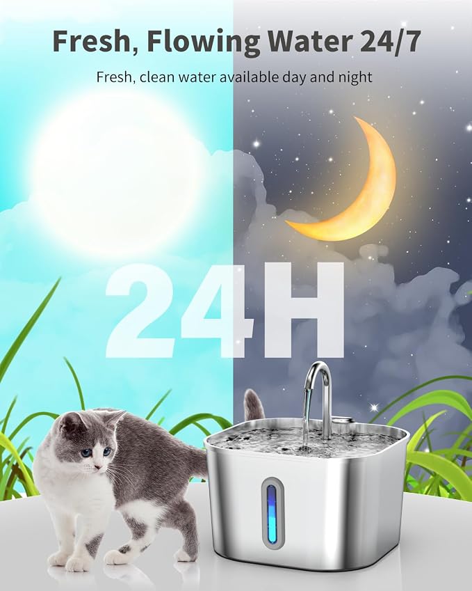 Lawfery Cat Water Fountain Stainless Steel, 74oz/2.2L Automatic Cat Drinking Fountain, Pet Water Dispenser with Quiet Pump, Suitable for Cats, Dogs and Multi-pet households