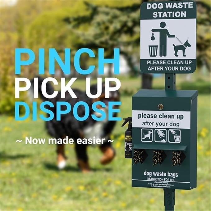 Pemberly Row Mini Pet Waste Station, Green Galvanized Steel, 76" Height, Glow-in-the-Dark Signage, Locking Triple Roll Bag Dispenser, Includes 600 Bags and Hand Sanitizer, Outdoor Commercial Use