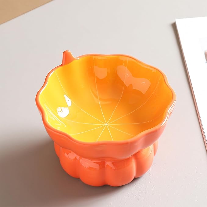 Pumpkin Raised Ceramic Cat Water Bowl, 9 oz, Whisker Friendly | Elevated cat bowl encourages healthy hydration and reduces neck strain. Suitable for most cats. Dishwasher safe