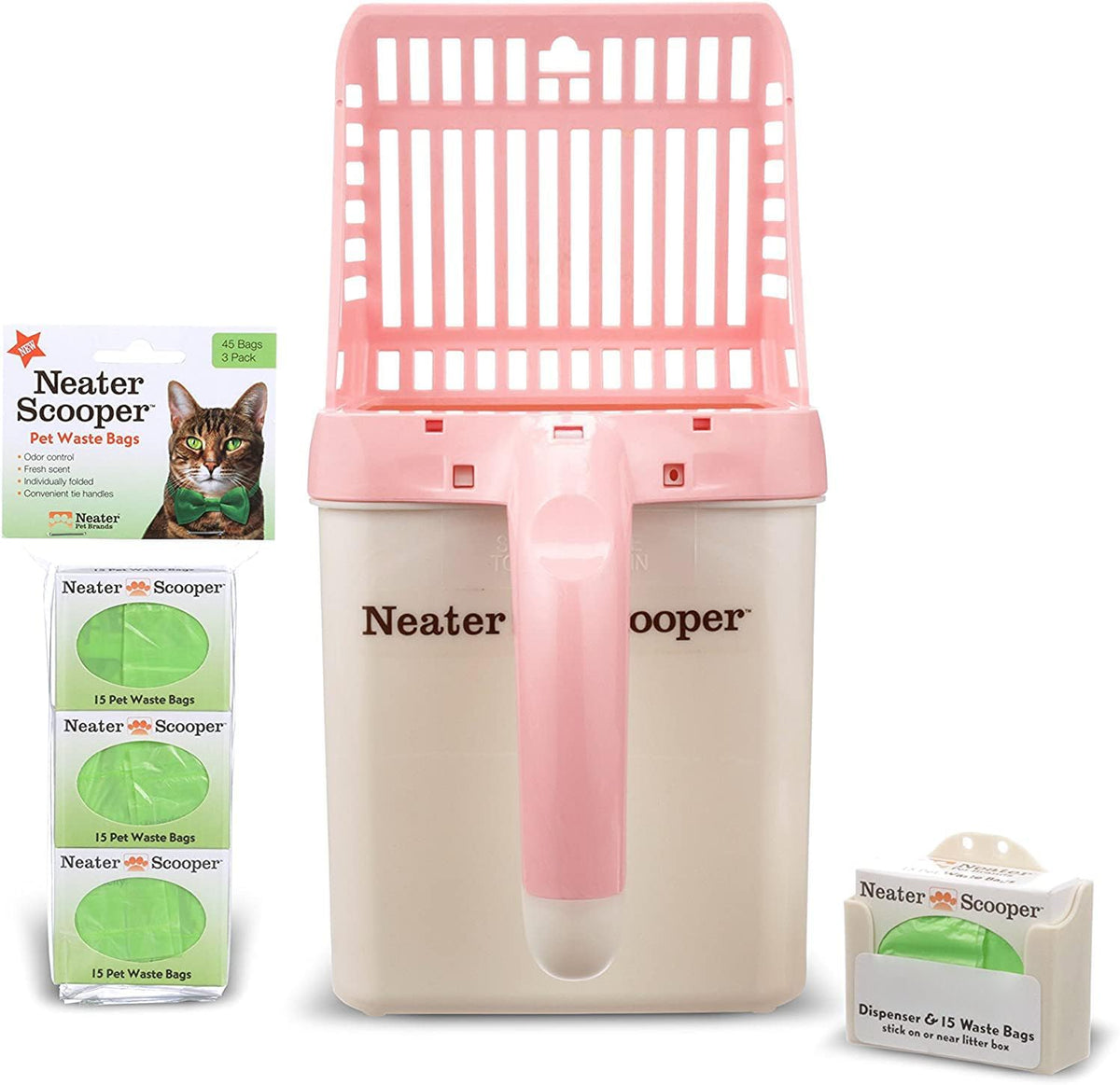 Neater Pet Brands Neater Scooper Standard Cat Litter Scoop, 60 Refill Bags – Mess-Free Cat Litter Scooper with Bag, Spill-Proof Kitty Box Sifter, Bin Doubles as Scoop Holder, For Single-Cat Households