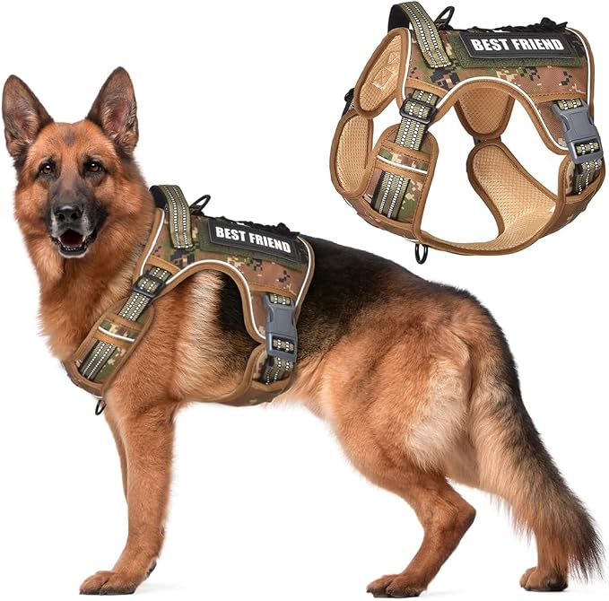 Tactical Dog Harness No-Pull Military Vest for Medium & Large Dogs, Adjustable Reflective Escape-Proof Vest with MOLLE System, Handle Control for Training, Walking, Outdoor – Camo