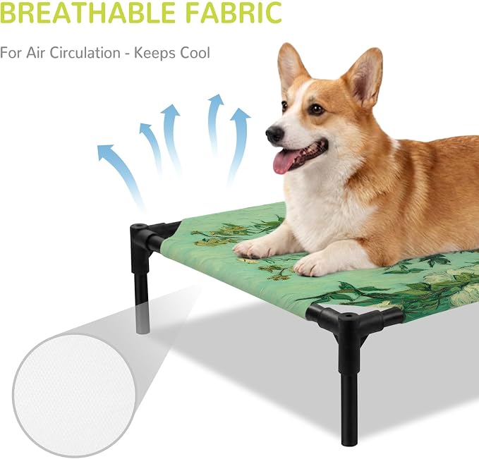 Outdoor Elevated Dog Bed for Large Dogs, Botanical Flowers Breathable Cooling Raised Dog Cot for Indoor/Outdoor, Farmhouse Blossom Vase Floral Branches Waterproof Elevated Pet Beds, L 28 x 22 in