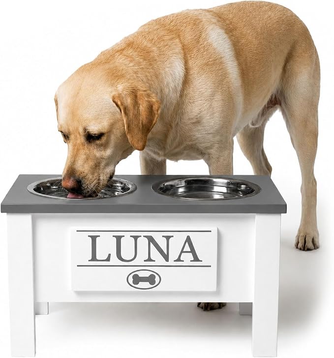 Elevated Dog Bowls for Large Dogs, Personalized Food Stand for Large Breed | Farmhouse Style, Elevated Wood Stand, Storage Container, Stainless Steel Bowls, Raised Anti-Slip Feeder, Made in USA